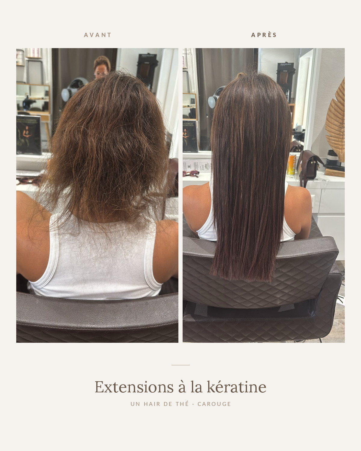 Avant après d'une pose d'extensions à la kératine au salon Un Hair de Thé à Carouge